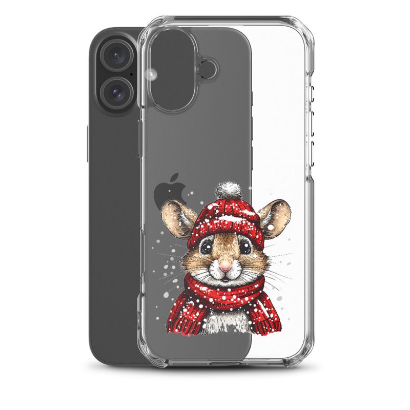 Clear Case for iPhone, Mouse wearing red winter hat and scarf in the snow, xg8dl3