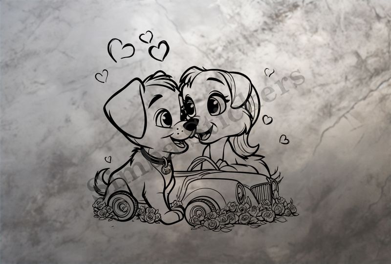 Dogs in love sitting over classic sports car toy, outline art