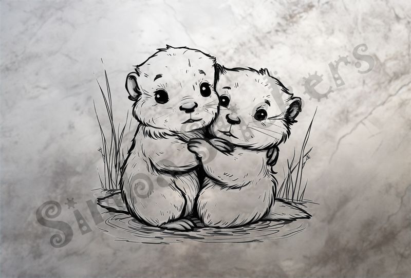 Beavers embracing each other worryingly, outline art