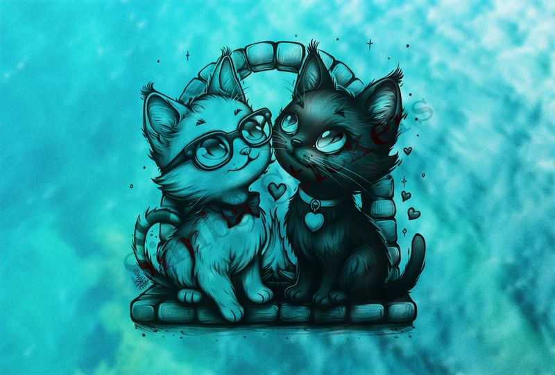 Cats, one in glasses, by the fireplace, outline art