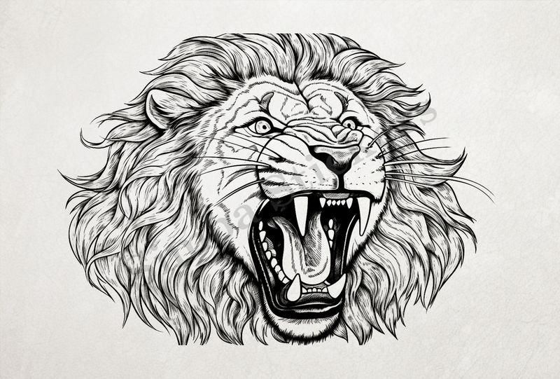 Lion roaring, head, outline art