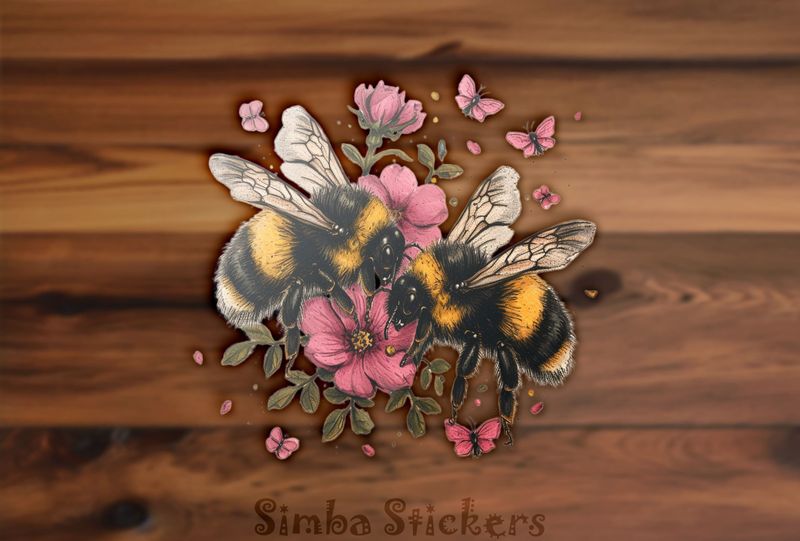 Bees in love buzzing around pinkish flowers, vintage style