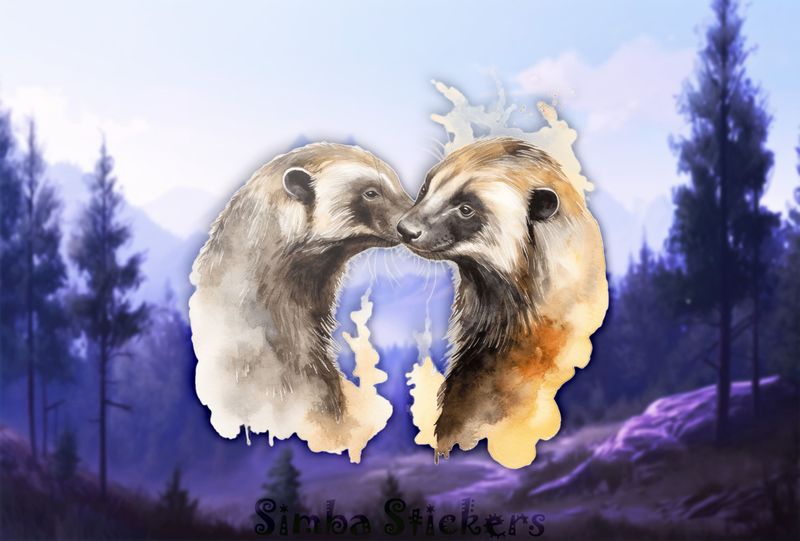 Honey Badgers nose-to-nose in love , watercolour, dpbnhn