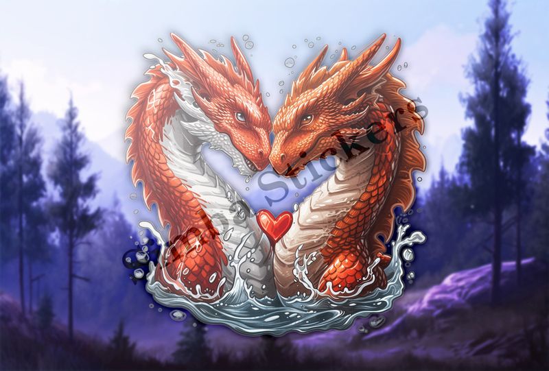 Red dragons in love, in the water, romantic hearts