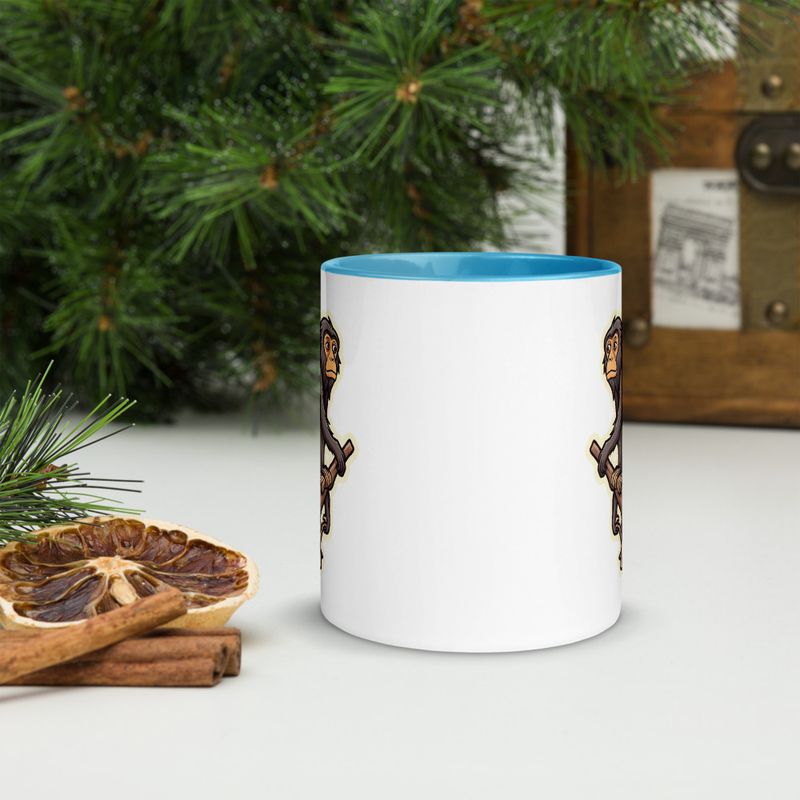 White Ceramic Mug with Color Inside, 11oz &amp; 15oz, Baboon on a tree, looking sad, head-to-head