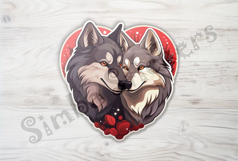 Wolves nose-to-nose, cuddling, in heart shape