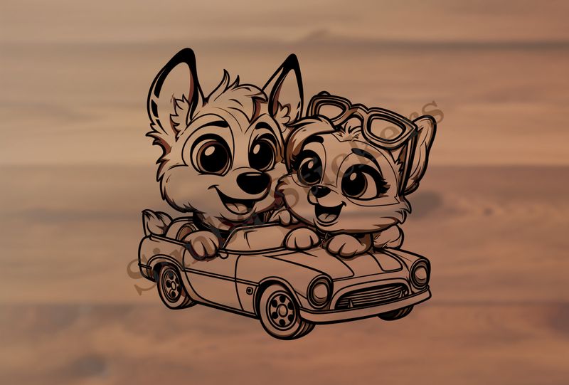 Dogs in love sitting in a classic sports car, outline art