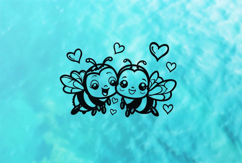 Happy bees in love cheek-to-cheek buzzing, romantic hearts above, outline art