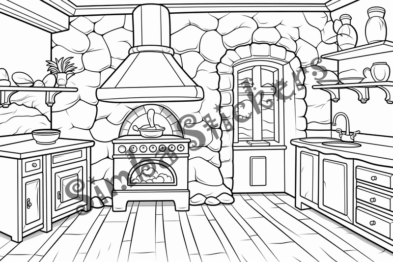 Colouring pages, bundle of house kitchens with stone ovens, 10 images