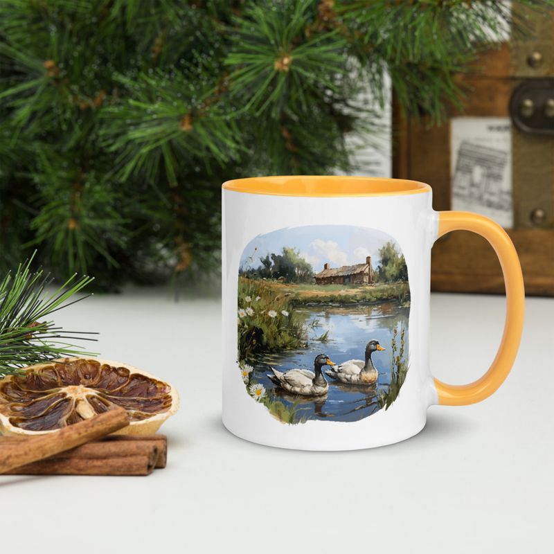 White Ceramic Mug with Color Inside, 11 &amp;15oz, Ducks in love swimming in farmhouse pond 