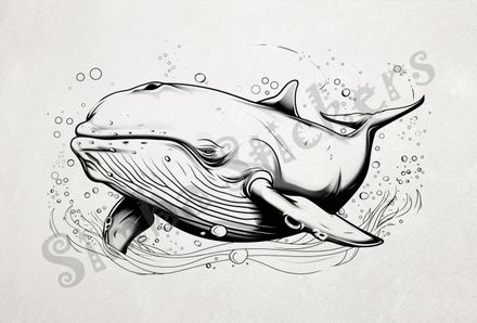 Whale smiling under water, outline art