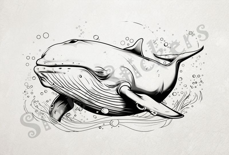 Whale smiling under water, outline art