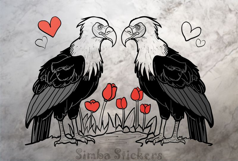 Vultures in love among flowers and Valentine&#x27;s hearts, outline art, v4k59g