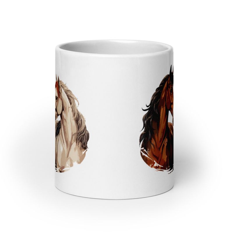 White Glossy Mug, 20oz, Horses nose-to-nose, jbgjpy
