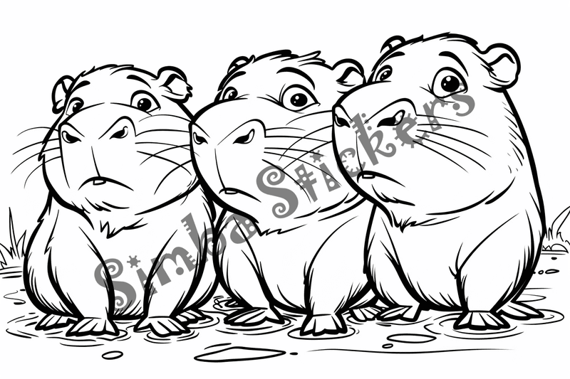 Colouring pages, bundle of capybaras in triads, 10 images