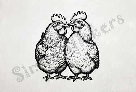 Rooster and hen chicken cuddling beak-to-beak, outline art