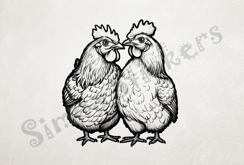 Rooster and hen chicken cuddling beak-to-beak, outline art
