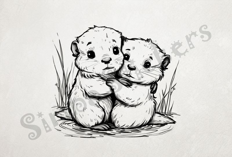Beavers embracing each other worryingly, outline art