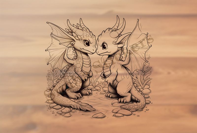 Baby dragons nose-to-nose in love, outline art