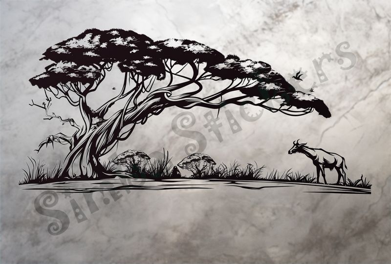 African Savanna landscape, antelope by giant tree, outline art