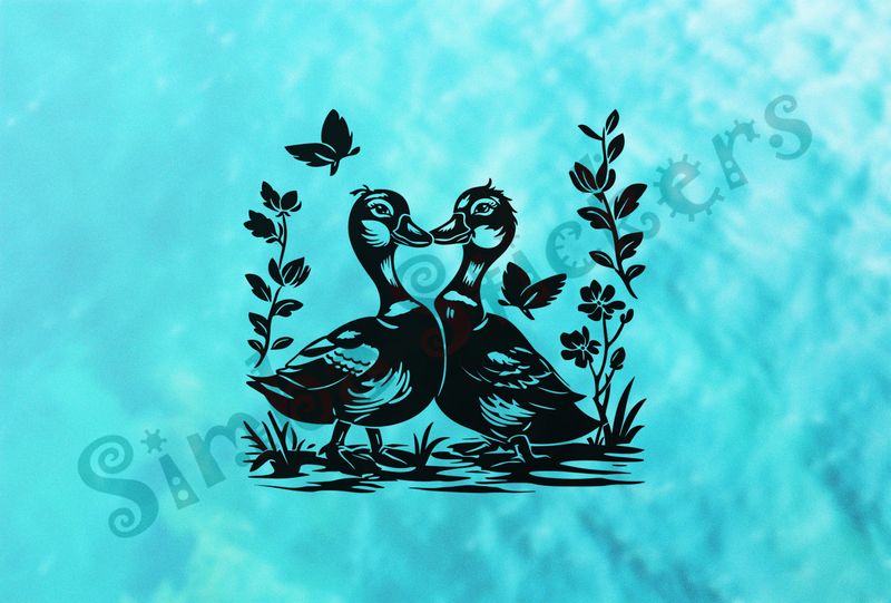 Ducks beak-to-beak, butterflies around them, outline art