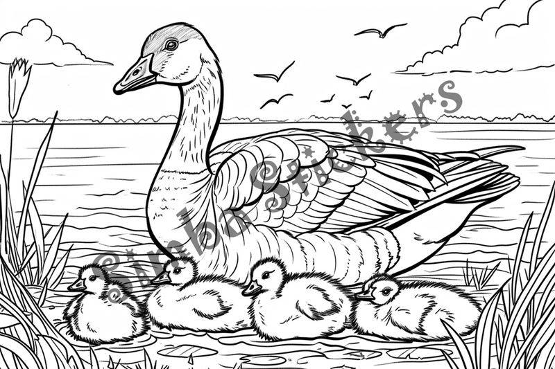 Colouring pages, bundle of geese with goslings, 10 images