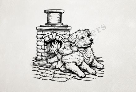 Dogs cuddling cosily by a fireplace,  outline art