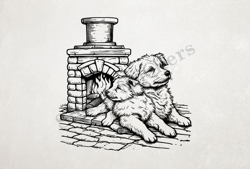 Dogs cuddling cosily by a fireplace,  outline art