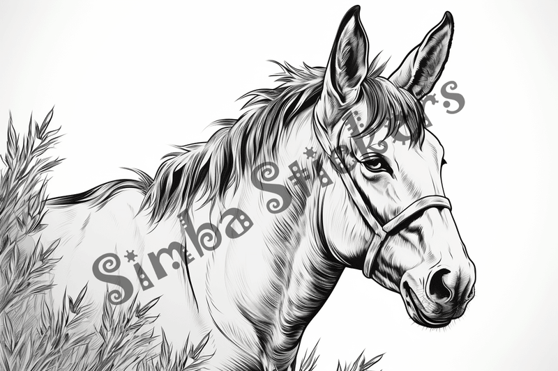 Colouring pages, bundle of singular donkeys, 10 images
