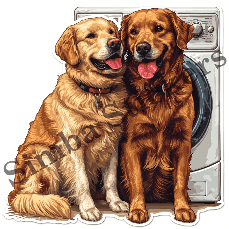 Dogs cuddling by washing machine, image set, 10 images