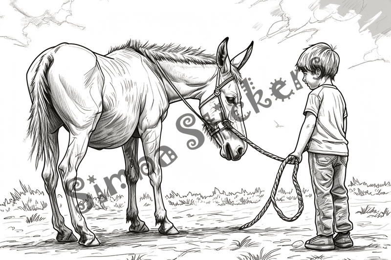 Colouring pages, bundle of mules with children, 10 images