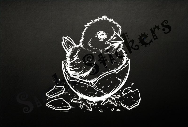 Chick still inside shell, feet touching ground, outline art
