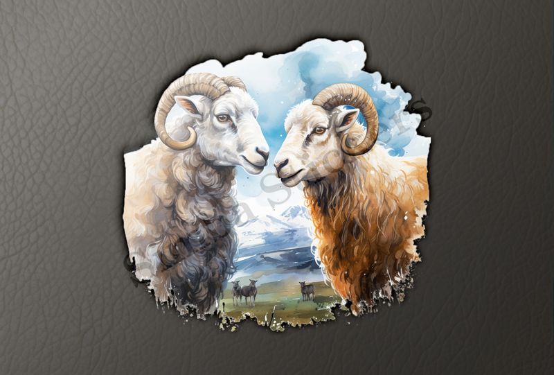 Sheep ewe and ram in love, mountaneous background, watercolour
