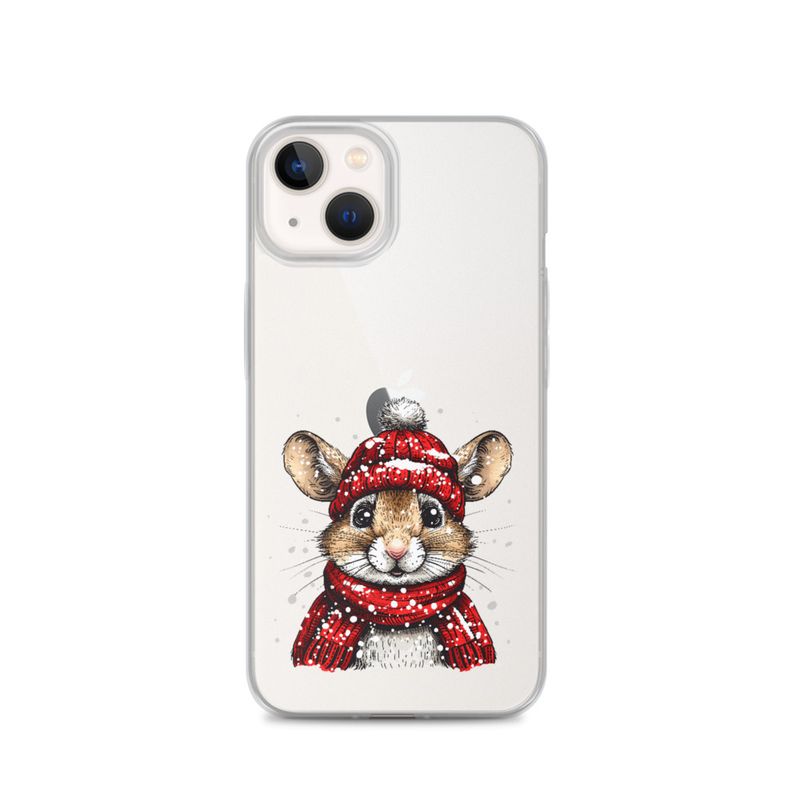 Clear Case for iPhone, Mouse wearing red winter hat and scarf in the snow, xg8dl3