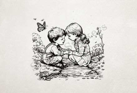 Boy and girl holding hands while sitting on either side of narrow stream, outline art