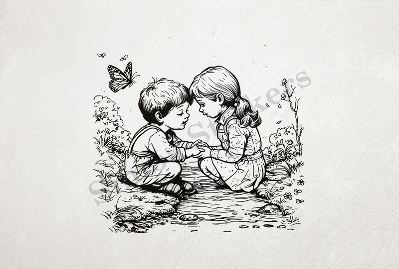 Boy and girl holding hands while sitting on either side of narrow stream, outline art