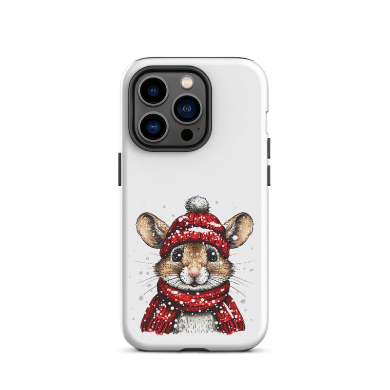 Tough Case for iPhone, Mouse wearing red winter hat and scarf in the snow, xg8dl3