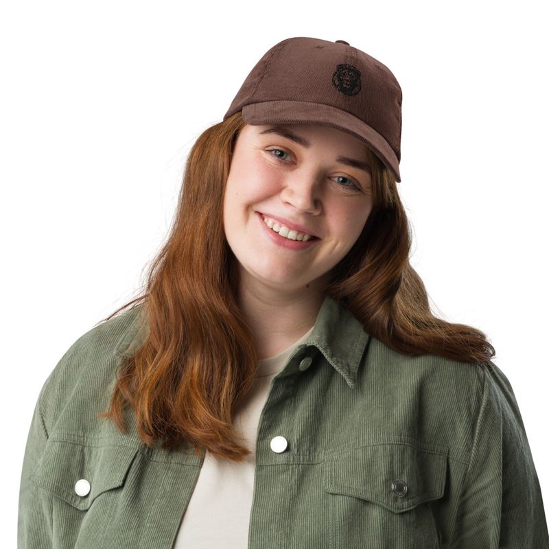 Vintage Corduroy Cap, Majestic lion face, outline art 