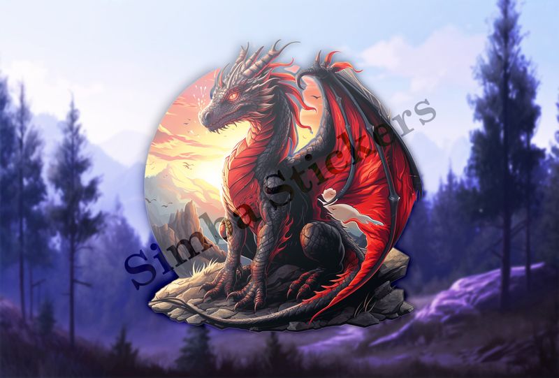Black and red dragon perching on a high rock in the sunrise