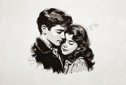 Young couple in warm embrace, outline art