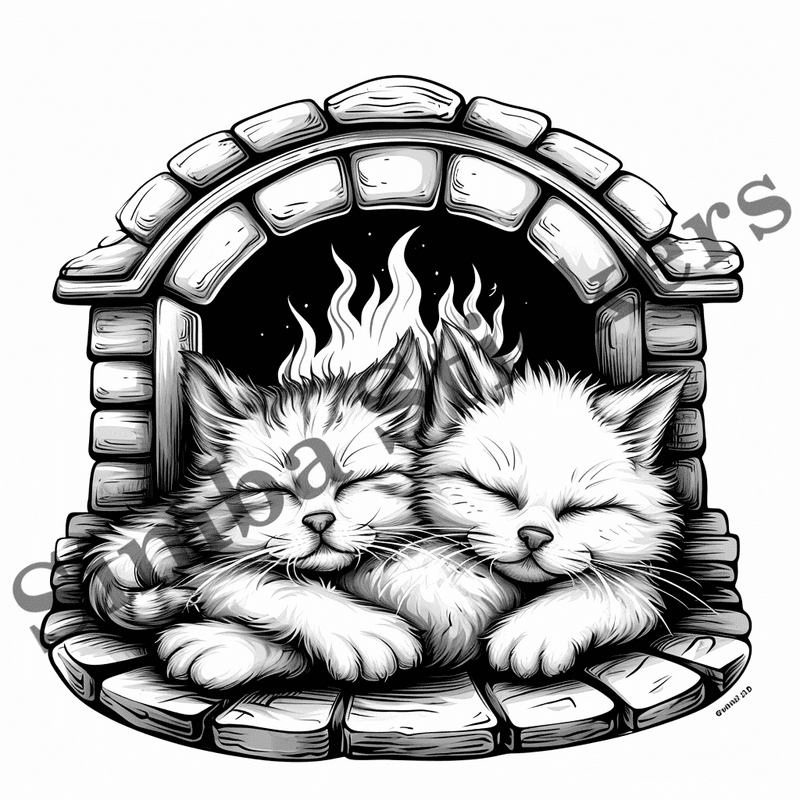 Cats by fireplace, outline art, image set, 10 images