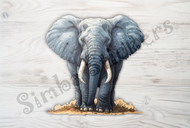 Elephant ears wide-open standing on brownish-goldish ground, watercolour