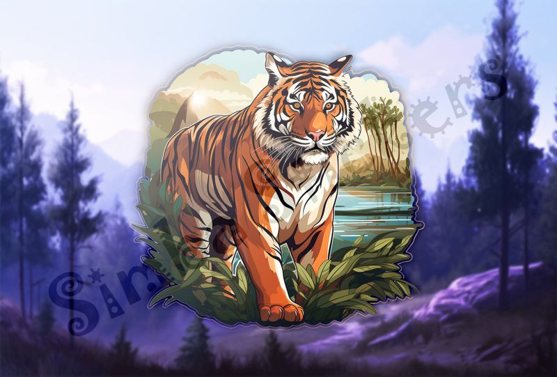 Tiger in the jungle, with a pond behind