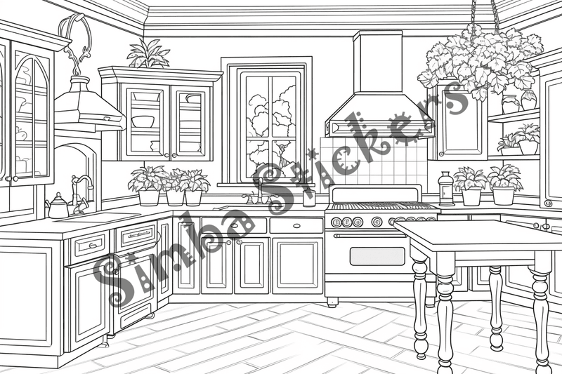 Colouring pages, bundle of house kitchens, 25 images