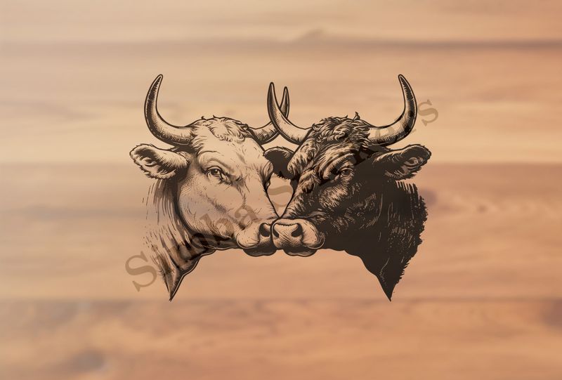 Cattle, bull and cow cheek-to-cheek, one black, other white, outline art