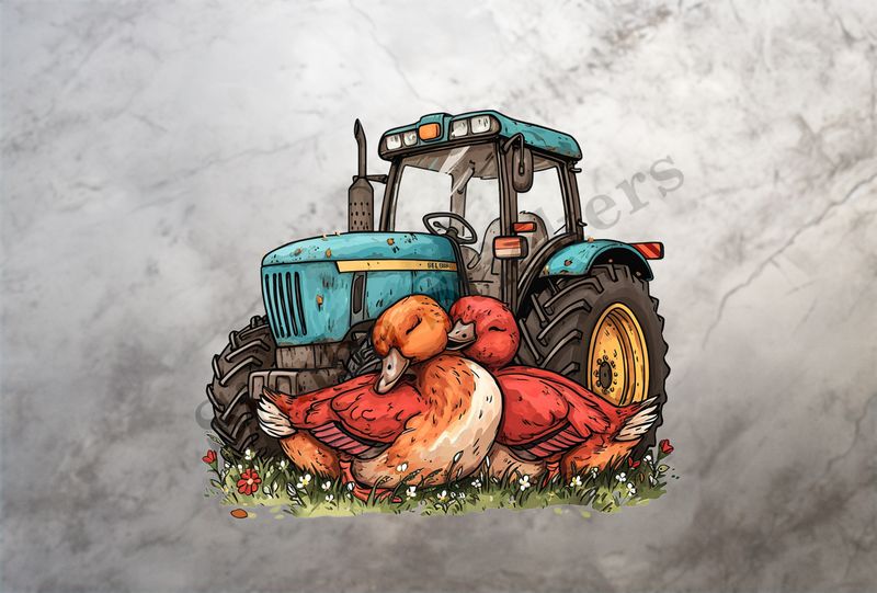 Ducks cuddling next to farmer&#x27;s tractor