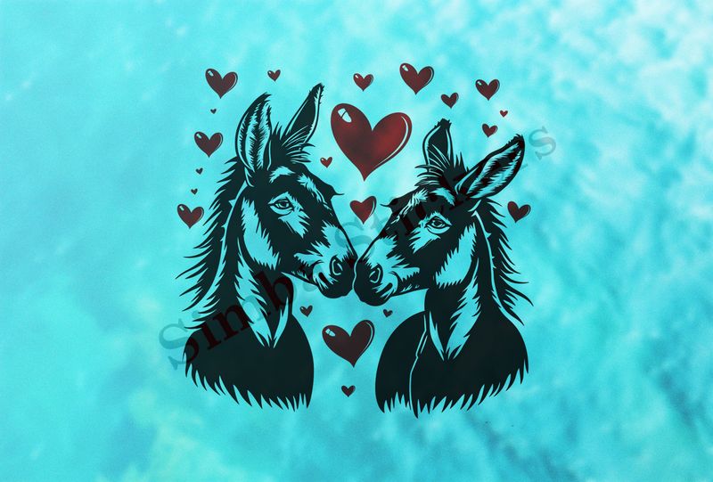 Donkeys in love, nose-to-nose,  red hearts, outline art