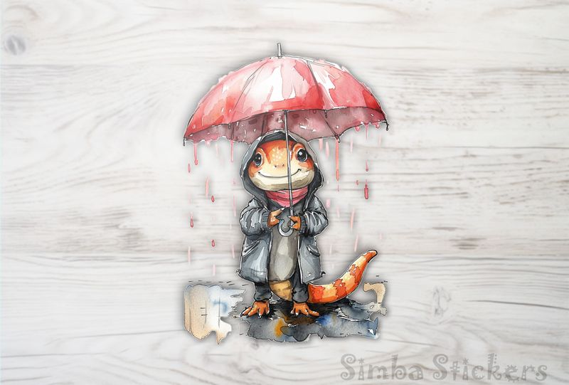 Lizard holding umbrella in the rain, watercolour