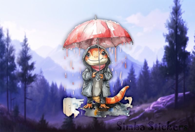 Lizard holding umbrella in the rain, watercolour