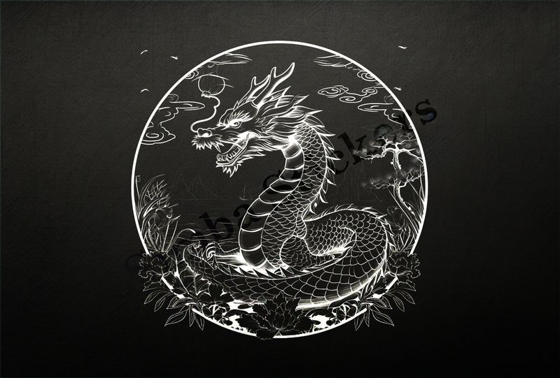 Chinese dragon on the edge of the sea, outline art